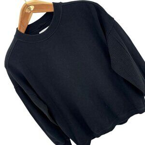 Aerie Womens XS Black Waffle Knit Panel Crewneck Oversized Sweatshirt Pullover